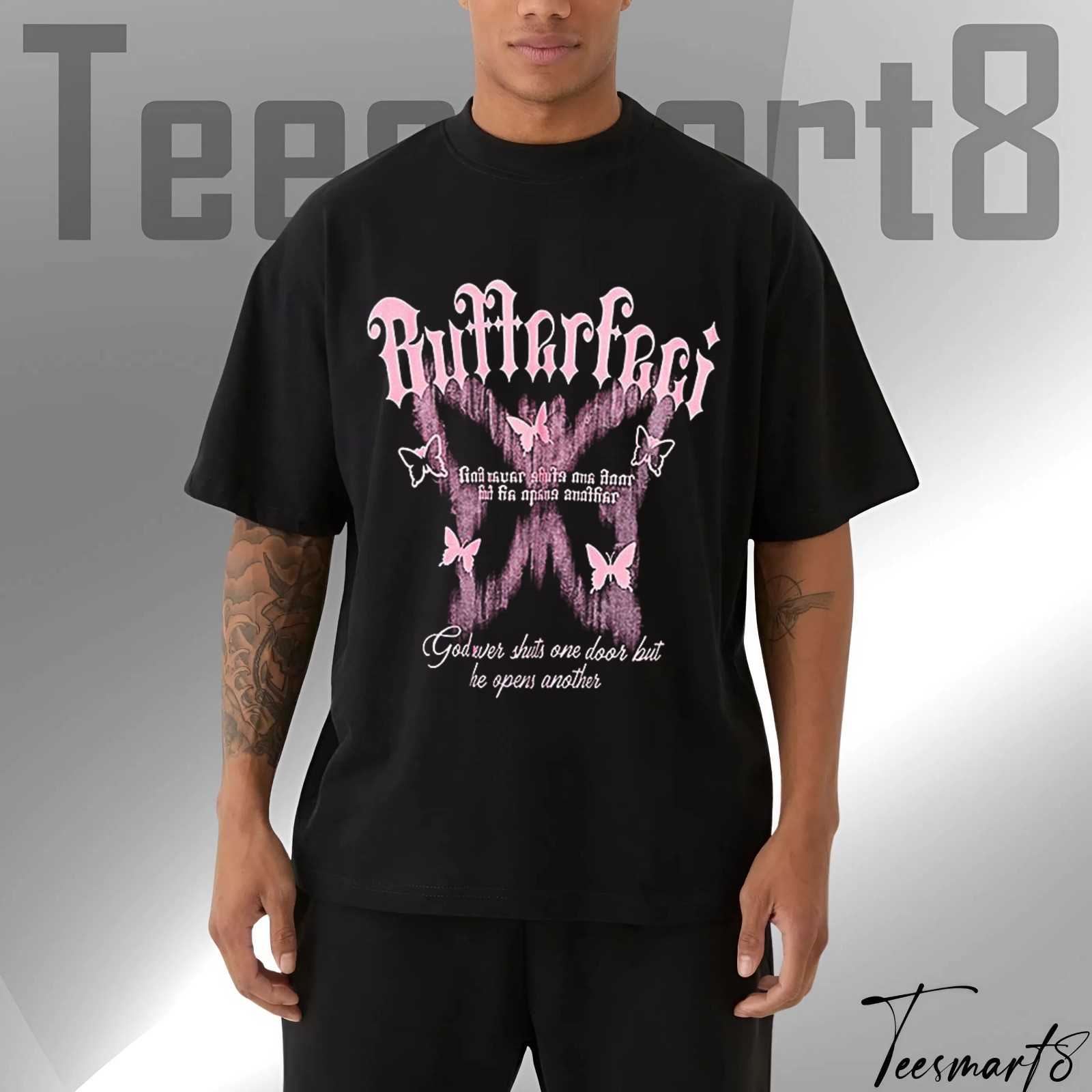 Pink Butterfly Pattern Tee – Elegant Aesthetic Graphic T-Shirt